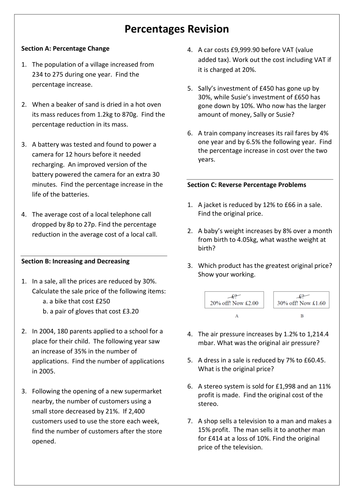 Percentages GCSE Revision Worksheet