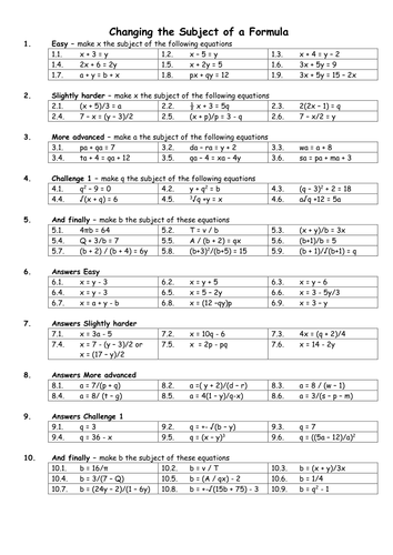 Changing the subject worksheet