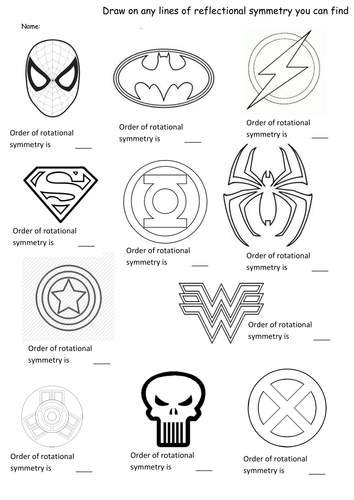 Superhero symmetry- rotation and reflection worksheet