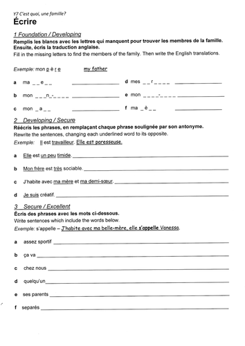 french la familia worksheet teaching resources