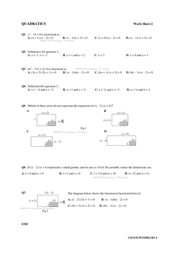 Work Sheet on Quadratics 