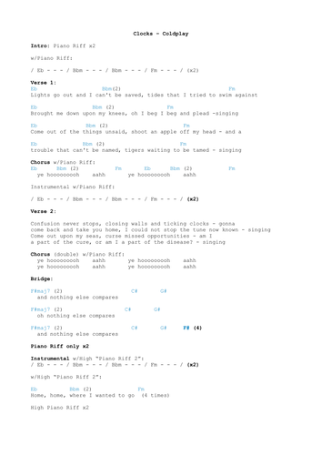 Clocks Coldplay Lead Sheet For Bass Guitar And Piano Teaching Resources