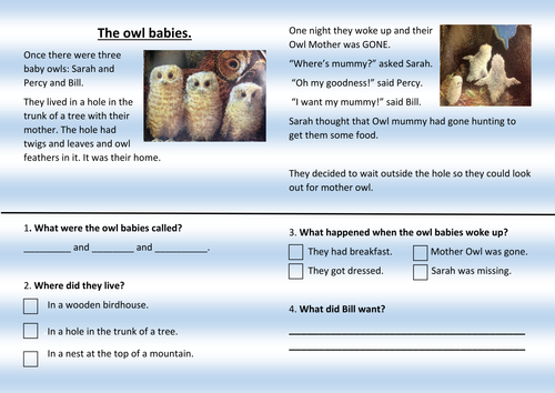 Owl Babies Reading Prehension KS1 By Miss Calvert