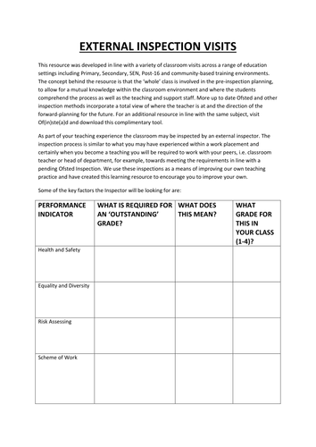 OFSTED PLANNING TOOL - TEACHERS/TA'S/WHOLE CLASS