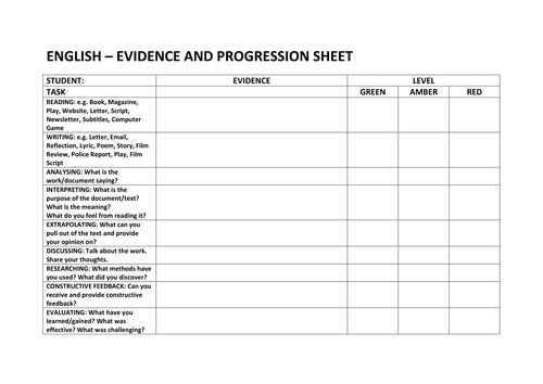 ENGLISH EVIDENCE AND PROGRESSION SHEET - KS3-4