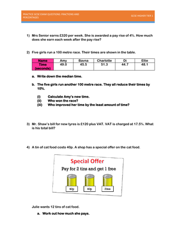 GCSE Practice Exam Questions - Fractions and Percentages