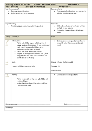 Fractions of Numbers Notebook and plan