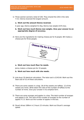 Gcse Practice Exam Questions Ratio And Proportion Teaching Resources