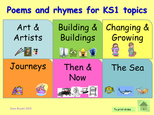 KS1 Poetry: a selection of poetry for KS1 topics [Art, Buildings, etc.] Over 100 poems! ppt.
