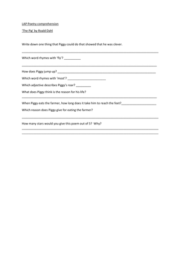 KS2 Poetry comprehension sheets on 'The Pig' Roald Dahl