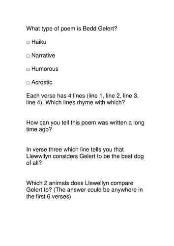 Hound Gelert poem reading comprehension Level 4/5