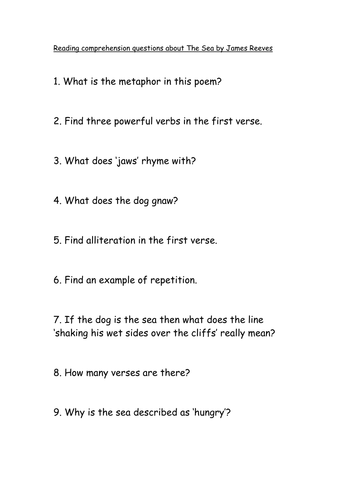 Reading comprehension questions The Sea by James Reeves  KS2/3 different abilities