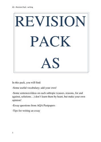 AS Y12 Easter Complete Revision Pack writing speaking