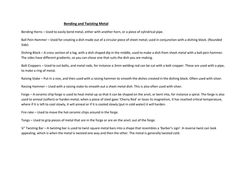 Notes on the Tools Used to Bend and Twist Metal