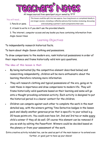KS2 Anglo-Saxon Clothing and Possessions Time Detectives Complete Lesson Pack