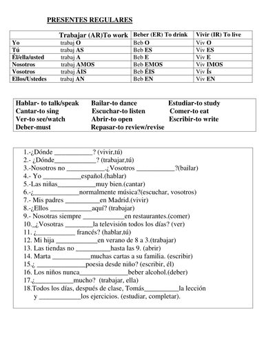 Present Tense Worksheet Teaching Resources