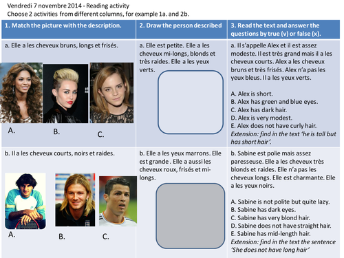 Description Physique Cheveux Yeux Taille Menu Teaching Resources