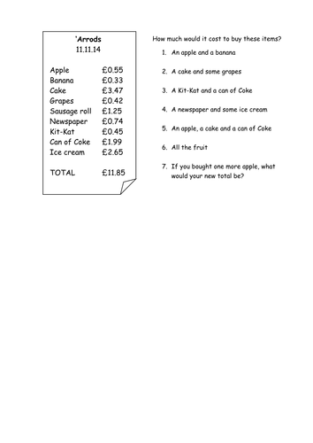 Addition with decimals using a receipt
