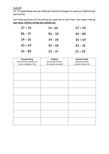 mental maths strategies compensating bridging and number bonds teaching resources