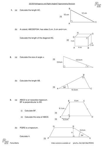 2D/3D Pythagoras & Right-Angled Trigonometry - Higher GCSE - Exam Style Questions