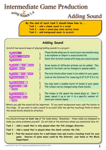 Extension Worksheets for Creating a Computer Game using Scratch