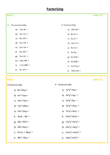 9th algebra 1 worksheets free grade printable worksheet  and levelled with Factorising Differentiated,