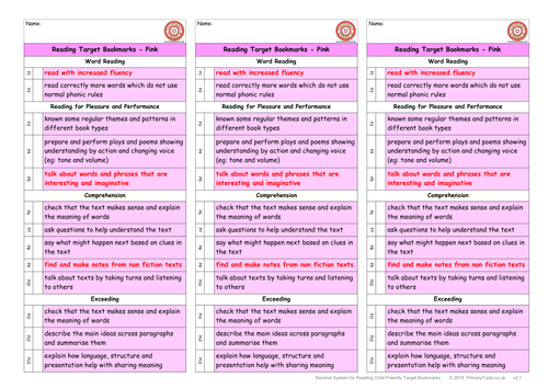 Child Friendly Year 3 Target Bookmarks for Reading - New 