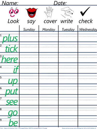 Spelling Template KS1 (9 words)