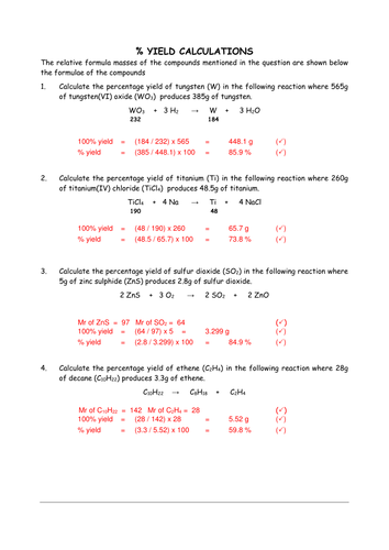 Printables Percent Yield Calculations Worksheet percentage yield calculations by chemschooltv teaching resources tes