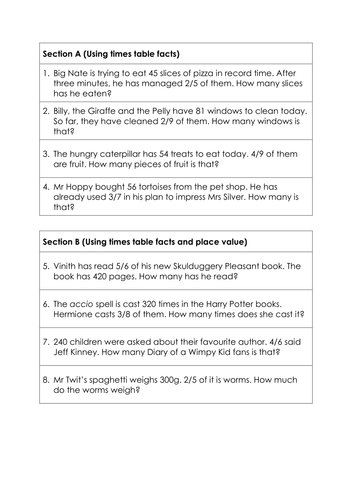 Finding non-unit fractions of amounts.