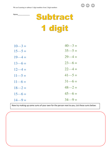 Subtracting 1 digit numbers from 2 digit numbers | Teaching Resources