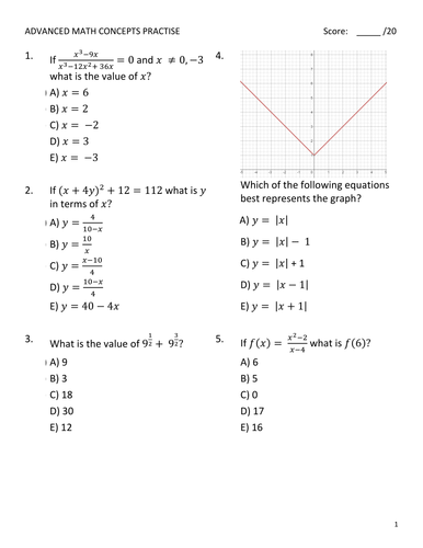 SAT Practise Test - Advanced Math Concepts | Teaching Resources