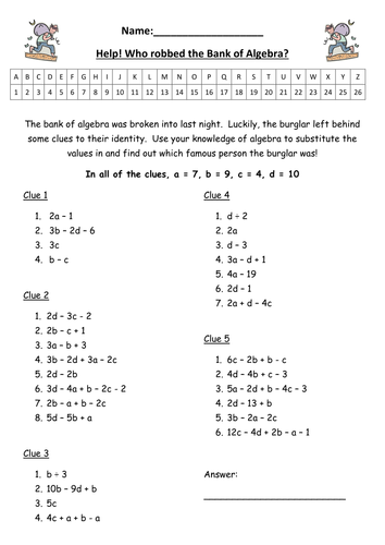 Substitution Clue Solver To Find Bank Of Algebra Celebrity Burglar Teaching Resources