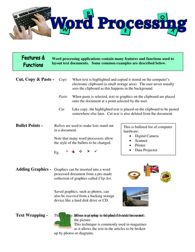 Word Processing Features & Functions - Homework/Class Cover