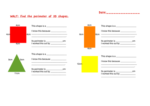 Perimeter of 2D shapes worksheets differentiated for mixed ability year 3