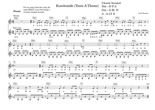 Korobeiniki (Tetris A Theme) - Melodic Lead Sheet | Teaching Resources