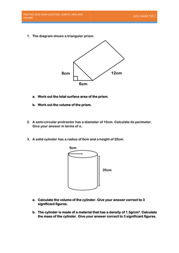 GCSE Practice Exam Questions - Length, Area and Volume.