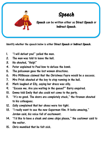 reported speech exercise sheet Direct by   and Grammar Speech Indirect SPaG Super