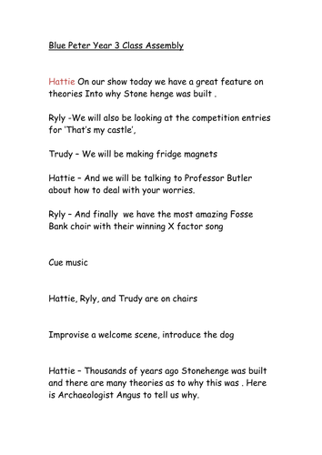 Year 3 assembly based on Blue Peter