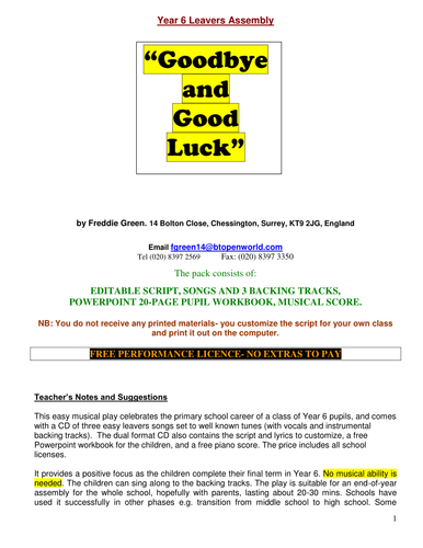 Goodbye and Good Luck (Musical Leaver's Play for Year 6)