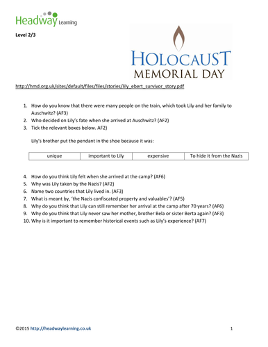 Holocaust Memorial Day - reading comprehension