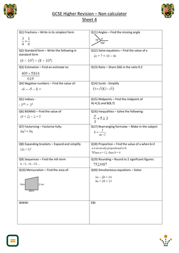 GCSE higher tier revision sheet