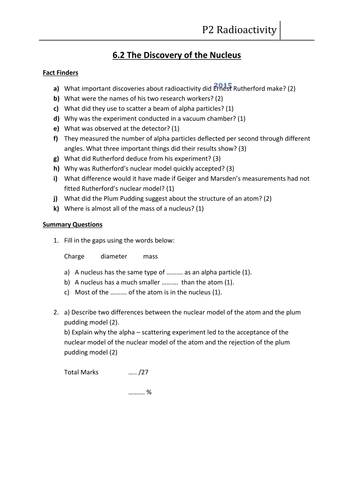 AQA P2 6.2 The Discovery of the Nucleus Quick Recall Sheet