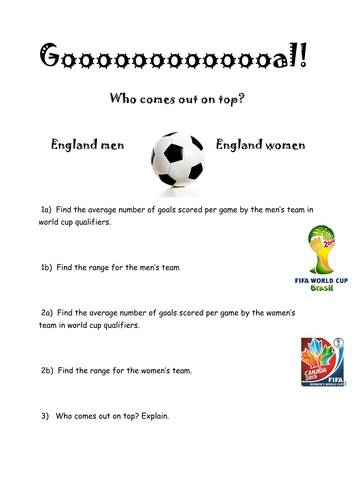 Football Averages Worksheet -  England Men  v  England Women - Gooooooooooooooooooal! 