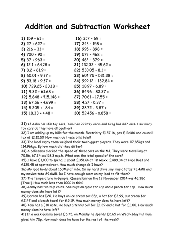 Addition and Subtraction Wksht and answers