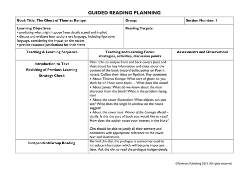 'The Ghost of Thomas Kempe' Guided Reading Planning