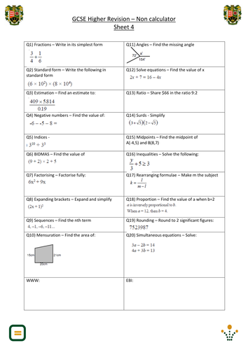 Revision for GCSE higher tier Maths