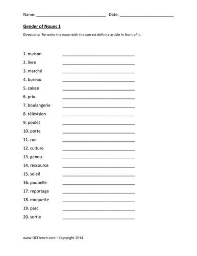 great activity sheet to practise gender of nouns in french teaching resources