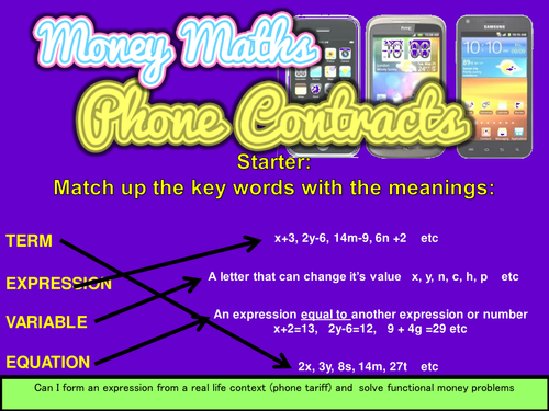 Functional Money Maths, Mobile phone tariffs, form an expression and substitute (UK version - £'s)