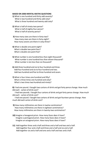 60 Mental Maths Questions based on 2006 paper